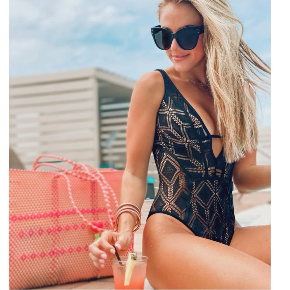 BECCA Black Crochet Plunge Swimsuit